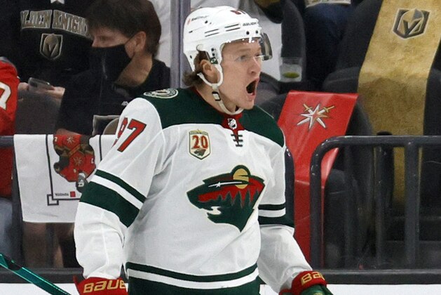 LAS VEGAS, NEVADA - MAY 28:  Kirill Kaprizov #97 of the Minnesota Wild reacts after scoring a second-period power-play goal against the Vegas Golden Knights in Game Seven of the First Round of the 2021 Stanley Cup Playoffs at T-Mobile Arena on May 28, 2021 in Las Vegas, Nevada. The Golden Knights defeated the Wild 6-2 to win the series.  (Photo by Ethan Miller/Getty Images)
