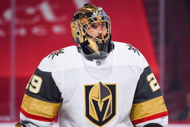 MONTREAL, QC - JUNE 24: Look on Las Vegas Golden Knights goalie Marc-Andre Fleury (29) at warm-up before the NHL Stanley Cup Playoffs Semifinals game 6 between the Las Vegas Golden Knights versus the Montreal Canadiens on June 24, 2021, at Bell Centre in Montreal, QC (Photo by David Kirouac/Icon Sportswire via Getty Images)