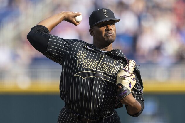 Vanderbilt starting pitcher Kumar Rocker throws against Arizona in the first inning during a baseball game in the College World Series, Saturday, June 19, 2021, at TD Ameritrade Park in Omaha, Neb. (AP Photo/Rebecca S. Gratz)