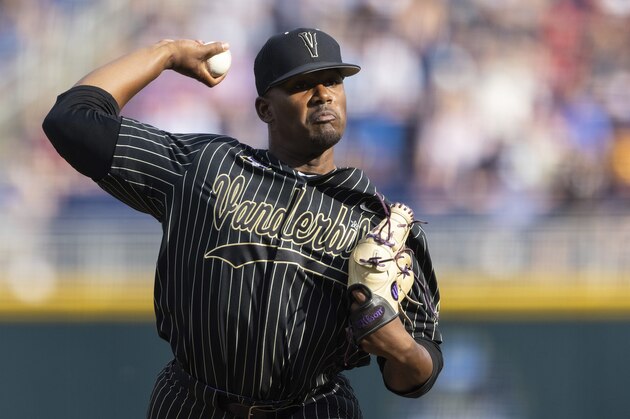 Vanderbilt starting pitcher Kumar Rocker throws against Arizona in the first inning during a baseball game in the College World Series, Saturday, June 19, 2021, at TD Ameritrade Park in Omaha, Neb. (AP Photo/Rebecca S. Gratz)