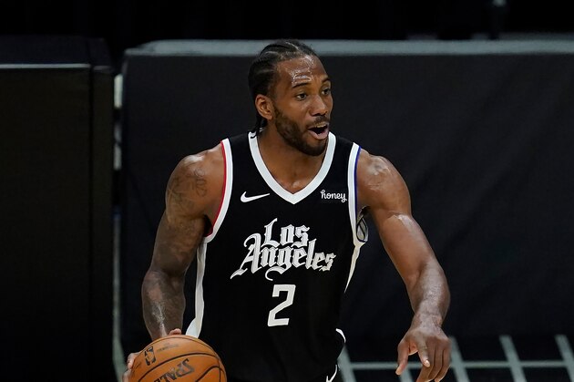 Los Angeles Clippers forward Kawhi Leonard (2) controls the ball during Game 7 of an NBA basketball first-round playoff series against the Dallas Mavericks Sunday, June 6, 2021, in Los Angeles, Calif. (AP Photo/Ashley Landis)