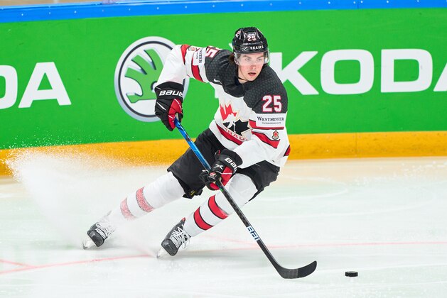 RIGA, LATVIA - JUNE 05:  Owen Power #25 of Canada in action during the 2021 IIHF Ice Hockey World Championship Semi Final game between USA and Canada at Arena Riga on June 5, 2021 in Riga, Latvia. Canada defeated the United States 4-2. (Photo by EyesWideOpen/Getty Images)