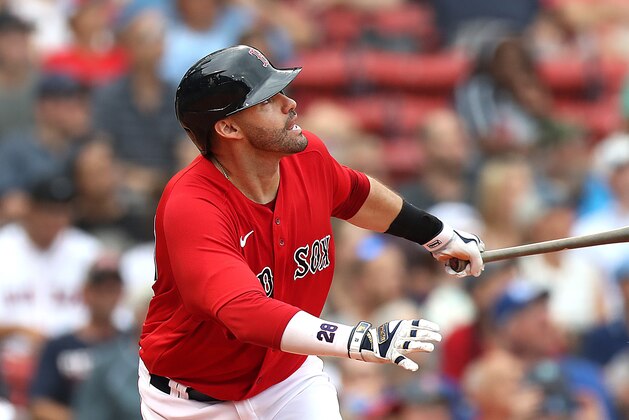 Boston - July 1: Boston Red Sox left fielder J.D. Martinez (28) watches his 4th inning solo home run. The Boston Red Sox host the Kansas City Royals in Boston on July 1, 2021. (Photo by John Tlumacki/The Boston Globe via Getty Images)