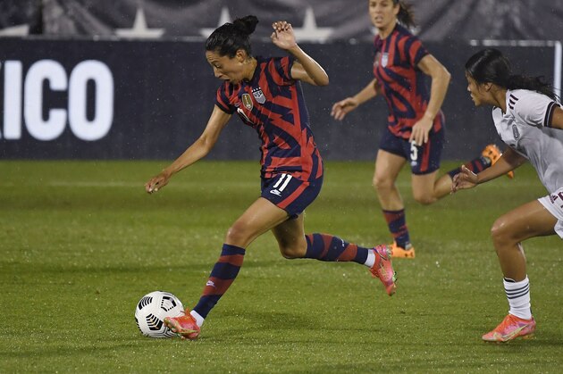 United States' Christen Press shoots on goal during the second half of the team's international friendly soccer match against Mexico, Thursday, July 1, 2021, in East Hartford, Conn. (AP Photo/Jessica Hill)