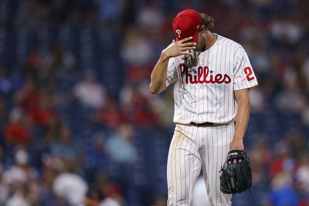 Philadelphia Phillies' Aaron Nola reacts during a baseball game against the Miami Marlins, Wednesday, June 30, 2021, in Philadelphia. (AP Photo/Chris Szagola)