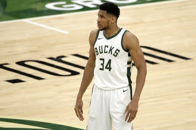 Milwaukee Bucks' Giannis Antetokounmpo during the second half of an NBA basketball game against the Washington Wizards Wednesday, May 5, 2021, in Milwaukee. (AP Photo/Aaron Gash)