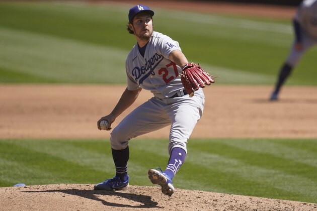 Los Angeles Dodgers pitcher Trevor Bauer against the Oakland Athletics during a baseball game in Oakland, Calif., Wednesday, April 7, 2021. (AP Photo/Jeff Chiu)