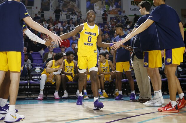 FORT MYERS, FLORIDA - DECEMBER 19:  Dariq Whitehead #0 of Montverde Academy is introduced during the City of Palms Classic at Suncoast Credit Union Arena on December 19, 2019 in Fort Myers, Florida. (Photo by Michael Reaves/Getty Images)