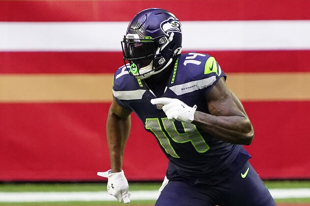 Seattle Seahawks wide receiver DK Metcalf (14) during an NFL football game against the San Francisco 49ers, Sunday, Jan. 3, 2021, in Glendale, Ariz. (AP Photo/Rick Scuteri)