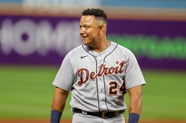 CLEVELAND, OH - JUNE 30: Detroit Tigers designated hitter Miguel Cabrera (24) jokes with the fans in the left field stands during the second inning of the Major League Baseball game between the Detroit Tigers and Cleveland Indians on June 30, 2021, at Progressive Field in Cleveland, OH. (Photo by Frank Jansky/Icon Sportswire via Getty Images)