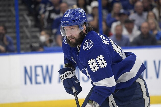 Tampa Bay Lightning right wing Nikita Kucherov (86) follows a play during the second period of Game 2 of the NHL hockey Stanley Cup finals series against the Montreal Canadiens, Wednesday, June 30, 2021, in Tampa, Fla. (AP Photo/Phelan M. Ebenhack)