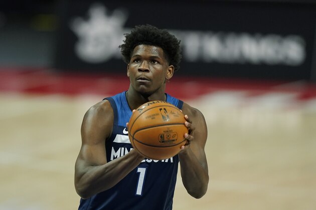 Minnesota Timberwolves forward Anthony Edwards plays during the first half of an NBA basketball game, Tuesday, May 11, 2021, in Detroit. (AP Photo/Carlos Osorio)