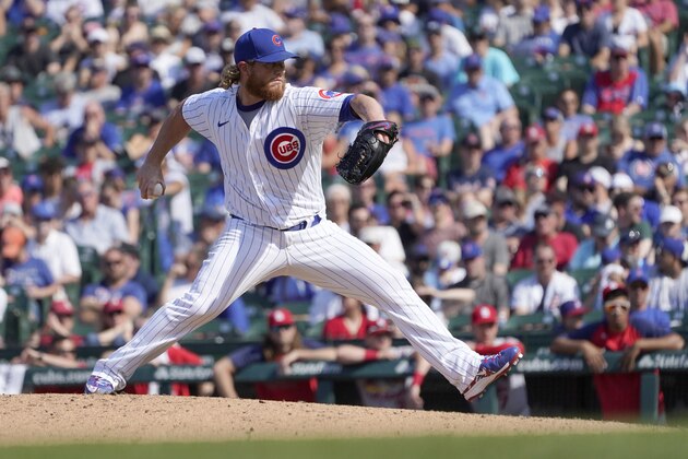 Chicago Cubs relief pitcher Craig Kimbrel delivers in the ninth inning of a baseball game against the St. Louis Cardinals, Friday, June 11, 2021, in Chicago. The Cubs won 8-5. (AP Photo/Charles Rex Arbogast)