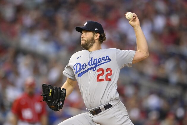 Los Angeles Dodgers starting pitcher Clayton Kershaw delivers a pitch during a baseball game against the Washington Nationals, Saturday, July 3, 2021, in Washington. (AP Photo/Nick Wass)