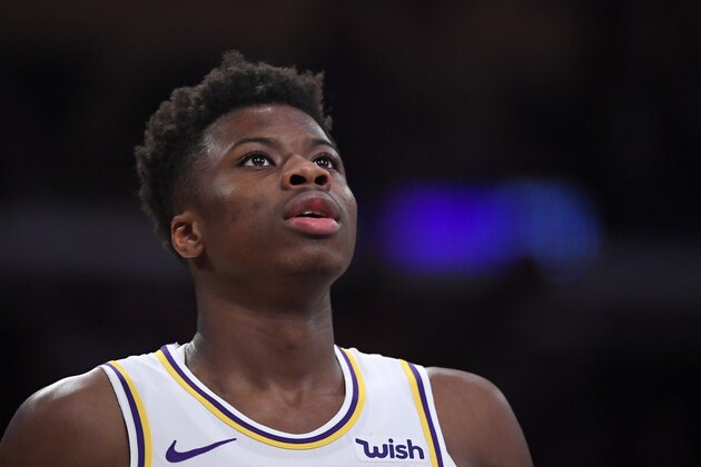 Los Angeles Lakers' Kostas Antetokounmpo waits for a rebound during the second half of a preseason NBA basketball game against the Golden State Warriors Wednesday, Oct. 16, 2019, in Los Angeles. The Lakers won 126-93. (AP Photo/Mark J. Terrill)