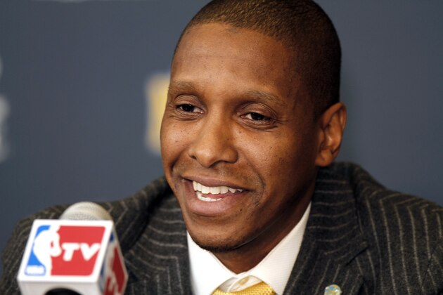 FILE - In this Feb. 22, 2011, file photo, Masai Ujiri, the Denver Nuggets general manager and executive vice president of basketball operations, addresses the media about the trade of Carmelo Anthony and Chauncey Billups to the New York Knicks during an NBA basketball news conference in Denver. Yahoo Sports reported Friday, May 24, 2013, that the Nuggets are allowing Ujiri to meet with the Toronto Raptors about their GM vacancy.  (AP Photo/Barry Gutierrez, File)