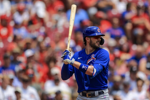 Chicago Cubs' Kris Bryant bats during a baseball game against the Cincinnati Reds in Cincinnati, Sunday, July 4, 2021. The Reds won 3-2. (AP Photo/Aaron Doster)