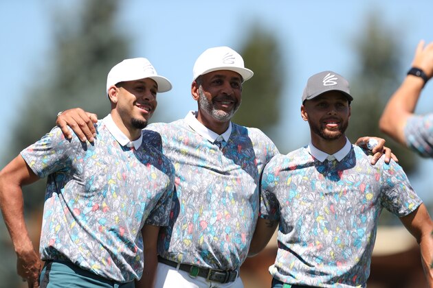 SOUTH LAKE TAHOE, NEVADA - JULY 9: NBA athletes Seth Curry, left, Dell Curry, center and Steph Curry pose for a picture during round one of the American Century Championship at Edgewood Tahoe South golf course on July 9, 2020 in South Lake Tahoe, Nevada.  (Photo by Jed Jacobsohn/Getty Images)