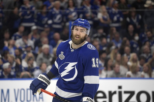 Tampa Bay Lightning right wing Barclay Goodrow (19) follows a play during the third period of Game 5 of the NHL hockey Stanley Cup finals series against the Montreal Canadiens, Wednesday, July 7, 2021, in Tampa, Fla. (AP Photo/Phelan M. Ebenhack)