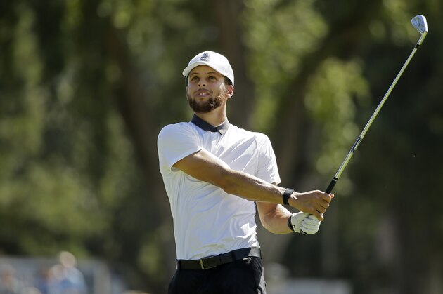 Stephen Curry on the Silverado Resort North Course during the pro-am event of the Safeway Open PGA golf tournament Wednesday, Sept. 25, 2019, in Napa, Calif. (AP Photo/Eric Risberg)