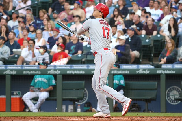 SEATTLE, WASHINGTON - JULY 09: Shohei Ohtani #17 of the Los Angeles Angels watches his solo home run during the third inning against the Seattle Mariners at T-Mobile Park on July 09, 2021 in Seattle, Washington. (Photo by Abbie Parr/Getty Images)