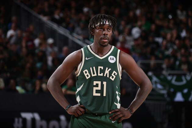 MILWAUKEE, WI - JULY 11: Jrue Holiday #21 of the Milwaukee Bucks looks on during Game Three of the 2021 NBA Finals on July 11, 2021 at the Fiserv Forum Center in Milwaukee, Wisconsin. NOTE TO USER: User expressly acknowledges and agrees that, by downloading and or using this Photograph, user is consenting to the terms and conditions of the Getty Images License Agreement. Mandatory Copyright Notice: Copyright 2021 NBAE (Photo by Nathaniel S. Butler/NBAE via Getty Images).