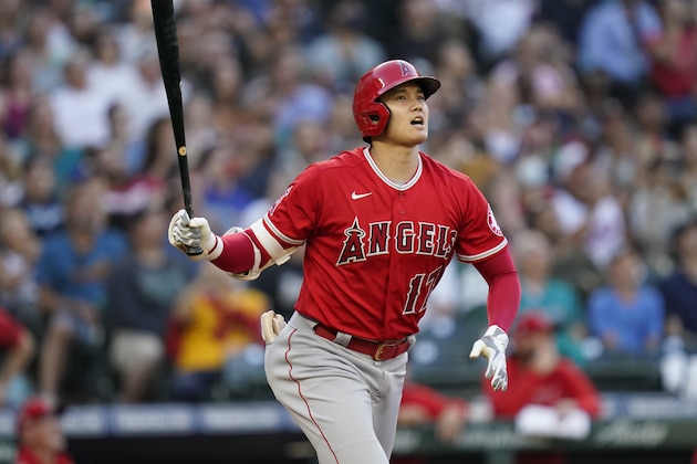 Los Angeles Angels' Shohei Ohtani in action against the Seattle Mariners in a baseball game Saturday, July 10, 2021, in Seattle. (AP Photo/Elaine Thompson)