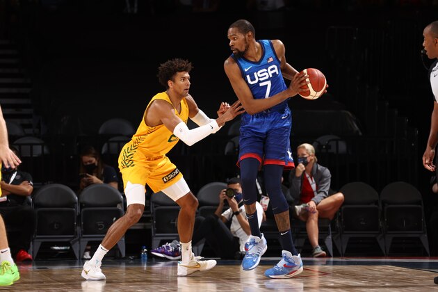 LAS VEGAS, NV - JULY 12: Matisse Thybulle #22 of the Australia Men's National Team plays defense on Kevin Durant #7 of the USA Men's National Team during the game on July 12, 2021 at Michelob ULTRA Arena in Las Vegas, Nevada. NOTE TO USER: User expressly acknowledges and agrees that, by downloading and or using this photograph, User is consenting to the terms and conditions of the Getty Images License Agreement. (Photo by Ned Dishman/NBAE via Getty Images)