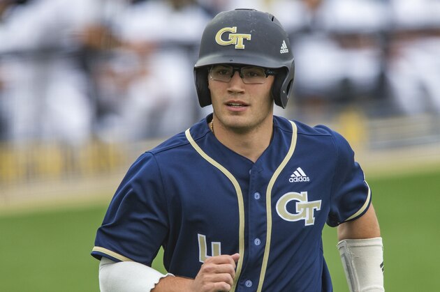 Georgia Tech's Kevin Parada runs home during an NCAA baseball game against Notre Dame on Friday, April 09, 2021, in South Bend, Ind. (AP Photo/Robert Franklin)