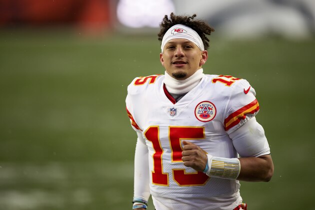 Kansas City Chiefs quarterback Patrick Mahomes (15) smiles as he runs off the field after defeating the Denver Broncos in 43-16 in an NFL football game, Sunday, Oct.. 25, 2020, in Denver. (AP Photo/Justin Edmonds)