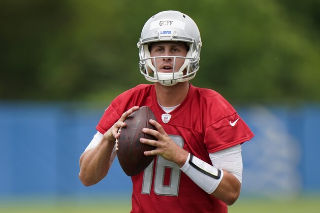 Detroit Lions quarterback Jared Goff throws during an NFL football practice in Allen Park, Mich., Thursday, June 10, 2021. (AP Photo/Paul Sancya)