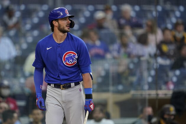 Chicago Cubs' Kris Bryant bats during the first inning of a baseball game against the San Diego Padres, Tuesday, June 8, 2021, in San Diego. (AP Photo/Gregory Bull)