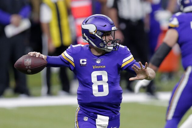 Minnesota Vikings quarterback Kirk Cousins (8) drops back to pass in the first half of an NFL football game against the New Orleans Saints in New Orleans, Friday, Dec. 25, 2020. (AP Photo/Brett Duke)