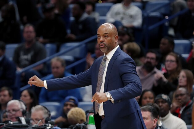 Denver Nuggets assistant coach Wes Unseld, Jr. calls out from the bench after taking over head coaching duties, following the ejection of head coach Michael Malone, in the second half of an NBA basketball game against the New Orleans Pelicans in New Orleans, Friday, Jan. 24, 2020. the Nuggets won 113-106. (AP Photo/Gerald Herbert)