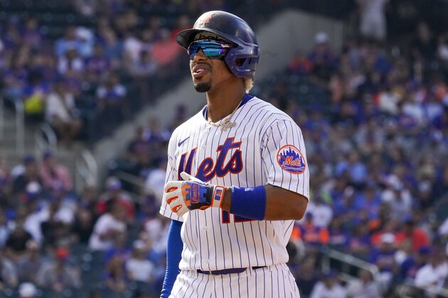 New York Mets shortstop Francisco Lindor during the third inning of the first baseball game of a doubleheader against the Pittsburgh Pirates, Saturday, July 10, 2021, in New York. (AP Photo/Mary Altaffer)