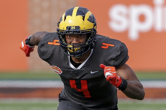 MOBILE, AL - JANUARY 30: Wide Receiver Nico Collins #4 from Michigan of the National Team during the 2021 Resse's Senior Bowl at Hancock Whitney Stadium on the campus of the University of South Alabama on January 30, 2021 in Mobile, Alabama. The National Team defeated the American Team 27-24. (Photo by Don Juan Moore/Getty Images)
