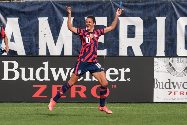 EAST HARTFORD, CT - JULY 5: Carli Lloyd #10 of the United States celebrates her goal during Send Off Series match between Mexico and USWNT at Pratt & Whitney Stadium at Rentschler Field on July 5, 2021 in East Hartford, Connecticut. (Photo by Andrew Katsampes/ISI Photos/Getty Images)