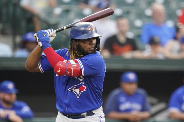 Toronto Blue Jays' Vladimir Guerrero Jr. waits for a pitch from the Baltimore Orioles during the third inning of a baseball game, Tuesday, July 6, 2021, in Baltimore. (AP Photo/Julio Cortez)