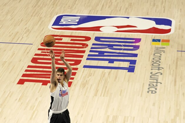 Iowa's Luka Garza participates in the NBA Draft Combine at the Wintrust Arena Wednesday, June 23, 2021, in Chicago. (AP Photo/Charles Rex Arbogast)