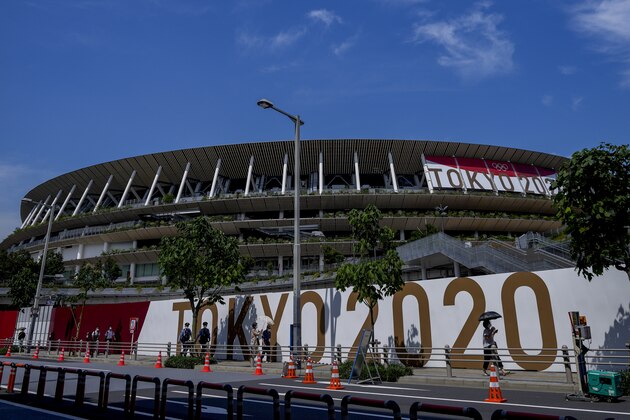 National Stadium, where the opening and closing ceremonies, athletics and soccer for Tokyo 2020 Olympics will be held, is seen Saturday, July 10, 2021, in Tokyo. (AP Photo/Kiichiro Sato)