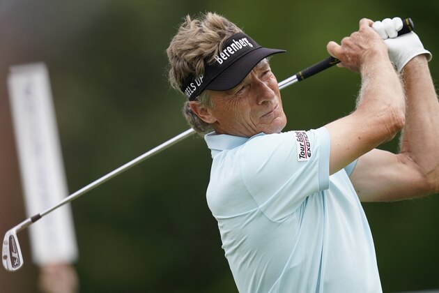 Bernhard Langer hits off the 14th tee during the final round of the PGA Tour Champions Principal Charity Classic golf tournament, Sunday, June 6, 2021, in Des Moines, Iowa. (AP Photo/Charlie Neibergall)