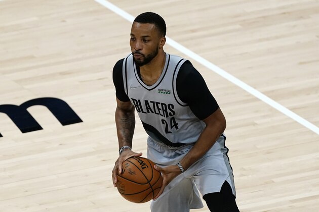 Portland Trail Blazers forward Norman Powell (24) is shown against the Atlanta Hawks in the second half of an NBA basketball game Monday, May 3, 2021, in Atlanta. (AP Photo/John Bazemore)
