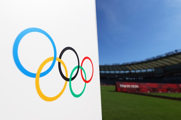CHOFU, JAPAN - JULY 21: The Olympic ring logo is seen inside the stadium prior to the Women's First Round Group G match between Sweden and United States during the Tokyo 2020 Olympic Games at Tokyo Stadium on July 21, 2021 in Chofu, Tokyo, Japan. (Photo by Dan Mullan/Getty Images)