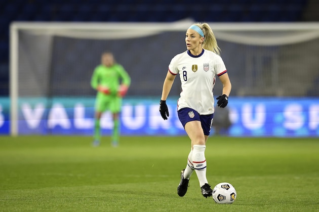 United States' Julie Ertz (8) dribbles during an international friendly women's soccer match between the United States and France in Le Havre, France, Tuesday, April 13, 2021. (AP Photo/David Vincent)