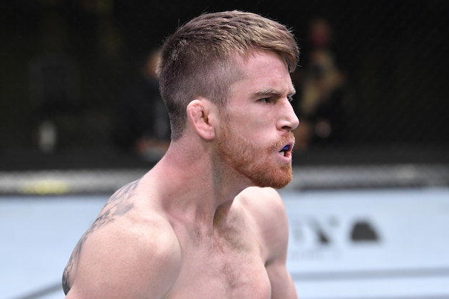 LAS VEGAS, NEVADA - FEBRUARY 06: Cory Sandhagen reacts after his knockout victory over Frankie Edgar in their bantamweight fight during the UFC Fight Night event at UFC APEX on February 06, 2021 in Las Vegas, Nevada. (Photo by Chris Unger/Zuffa LLC)
