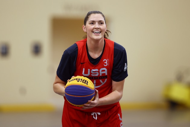 LAS VEGAS, NV - JULY 13: Stefanie Dolson #31 of the USA Women's National 3x3 Team smiles during the USA Womens National 3x3 Team practice on July 13, 2021 at Mandalay Bay Convention Center in Las Vegas, Nevada. NOTE TO USER: User expressly acknowledges and agrees that, by downloading and or using this photograph, User is consenting to the terms and conditions of the Getty Images License Agreement. (Photo by Stephen Gosling/NBAE via Getty Images)