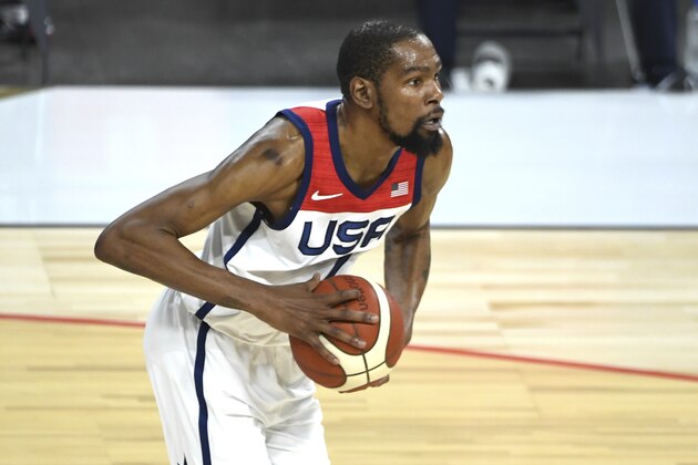 United States' Kevin Durant (7) holds the ball during an exhibition basketball game aganst Nigeria Saturday, July 10, 2021, in Las Vegas. (AP Photo/David Becker)