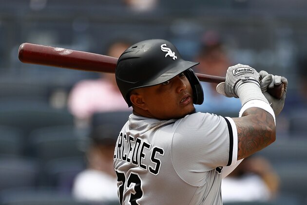 Chicago White Sox catcher Yermin Mercedes (73) at bat during the seventh inning of a baseball game against the New York Yankees on Saturday, May 22, 2021, in New York. (AP Photo/Adam Hunger)