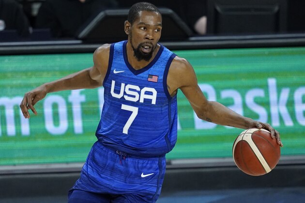 United States' Kevin Durant plays against Australia during an exhibition basketball game Monday, July 12, 2021, in Las Vegas. (AP Photo/John Locher)