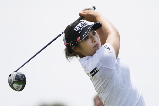 Jeongeun Lee6, of South Korea, plays her shot from the first tee during the final round of the LPGA Volunteers of America Classic golf tournament in The Colony, Texas, Sunday, July 4, 2021. (AP Photo/Ray Carlin)